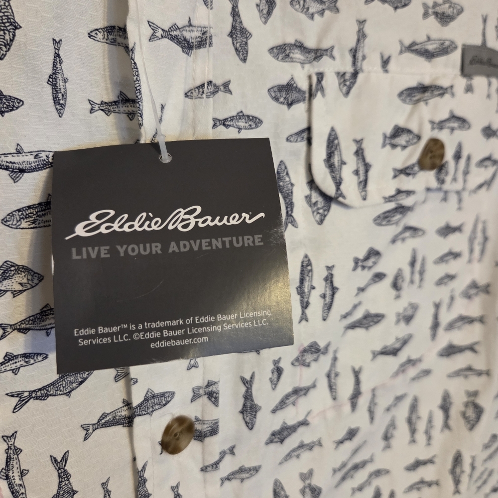 Eddie Bauer White and Blue Fish Print Men's Shirt
